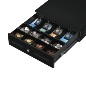 Diebold Nixdorf KA17, schwarz, Kassenlade, Frontöffnung, Maße (BxHxT): 340x118x367mm, 4 Scheinfächer, 8 Münzfächer, 2 Scheckfächer, unterschiedliche Schließung, verschließbare Abdeckung, separat bestellen: Schnittstellenkabel, Farbe: schwarz